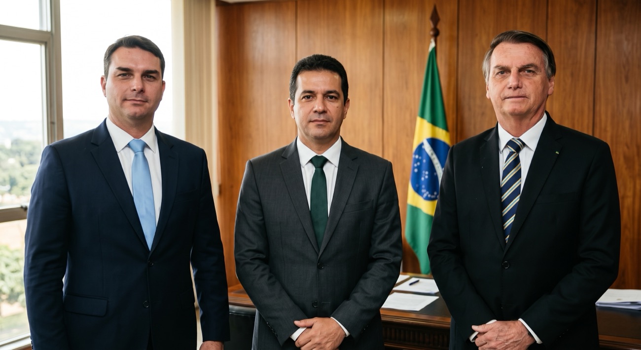 Montagem de um cliente no gabinete, de terno, com a bandeira do Brasil