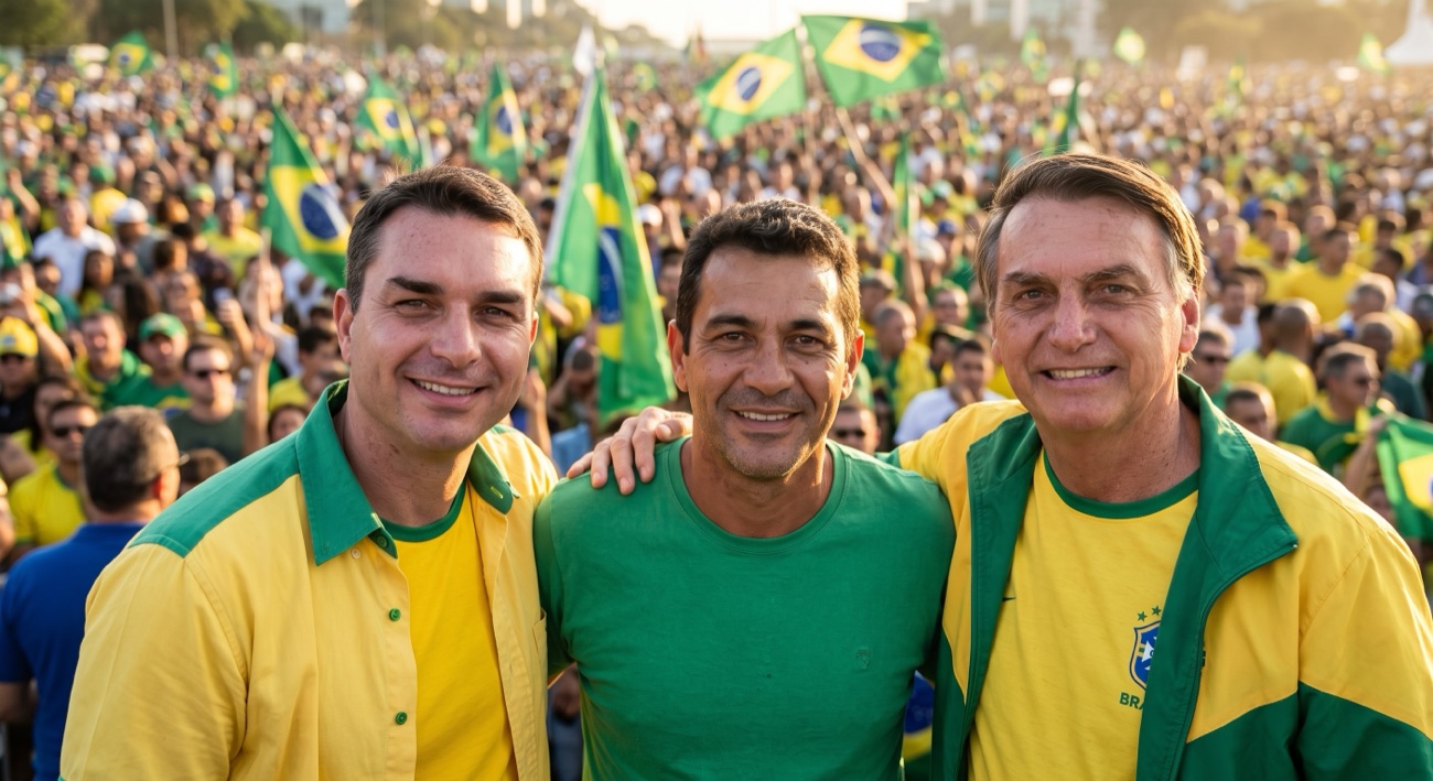 Montagem de um cliente no palanque com multidao ao fundo